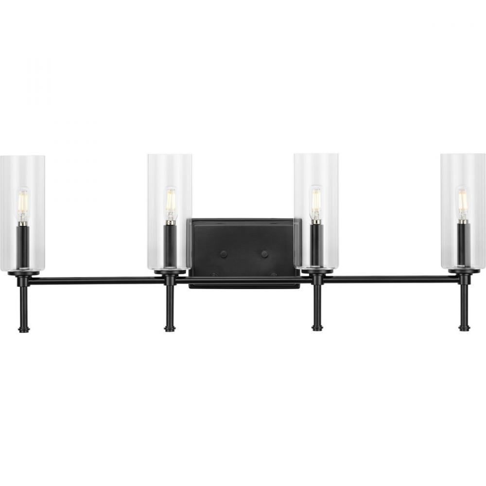 Elara Collection Four-Light New Traditional Matte Black Clear Glass Bath Vanity Light