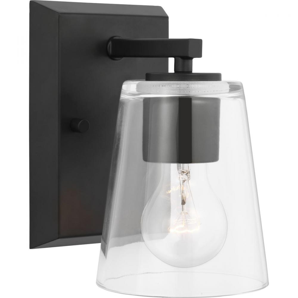 Vertex Collection One-Light Matte Black Clear Glass Contemporary Bath Light