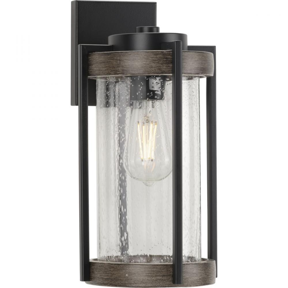 Whitmire Collection One-Light Matte Black with Aged Oak Accents Clear Seeded Glass Farmhouse Outdoor