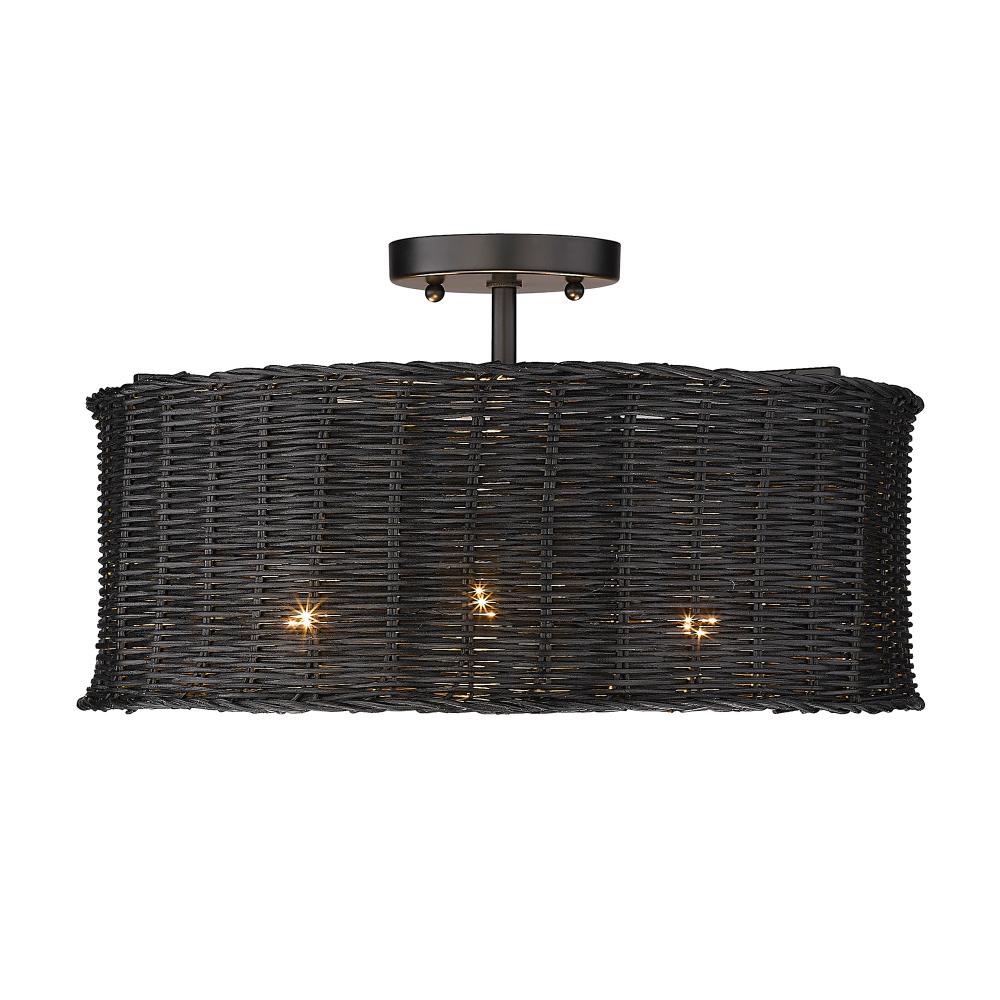 Erma 3 Light Semi-Flush in Matte Black with Black Wicker Shade