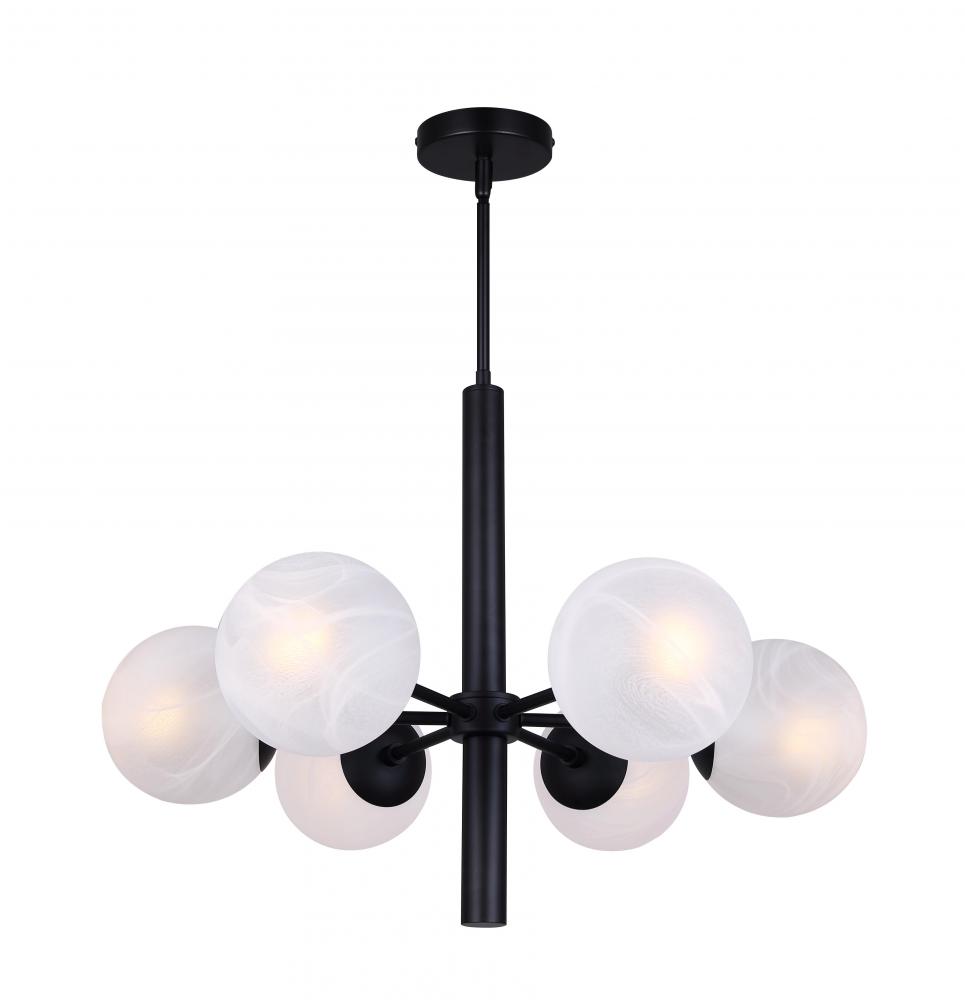 6 Lt Rod Chandelier, Alabaster Glass, 60W Type A, 26inch W x 22 - 70inch H